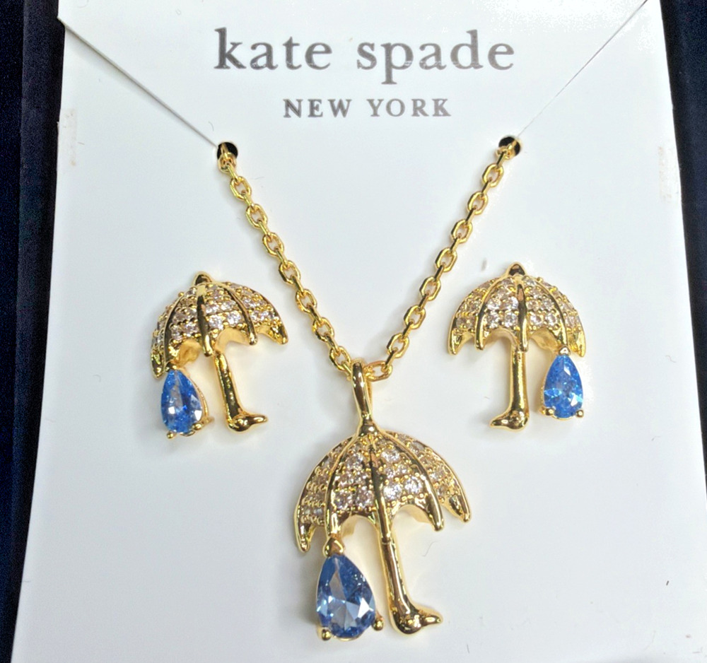 Kate Spade Rain or Shine Pave Umbrella Raindrop Necklace Earrings Gift Set Box